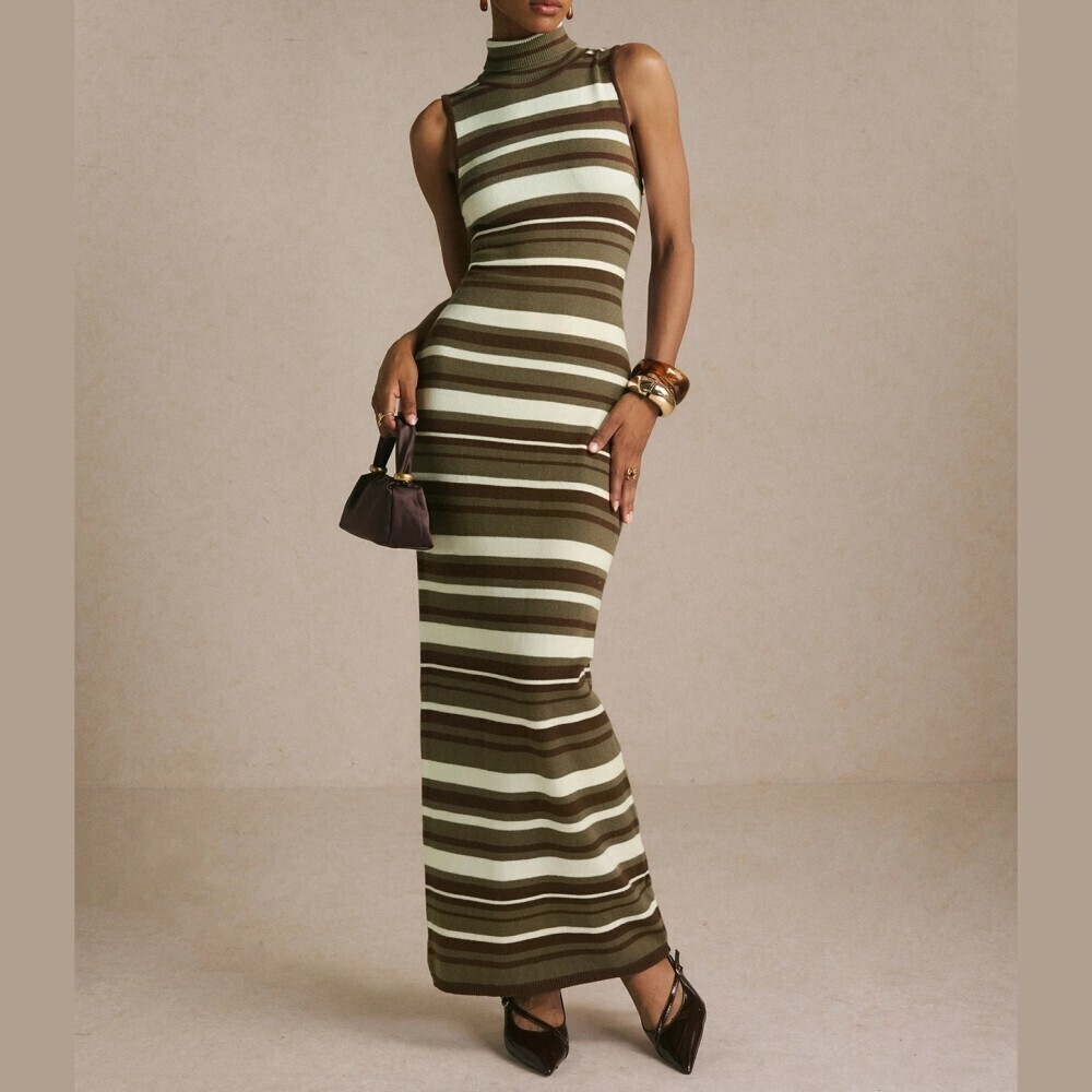 Brown Cream Striped Knit High Neck Sleeveless Maxi Sweater Dress